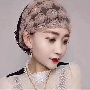 2023新款女士夏玫瑰大花套头家居帽遮白发透气薄款回族防晒包头帽