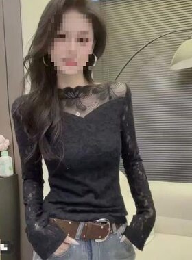 秋冬新款一字领韩版蕾丝T恤女长
