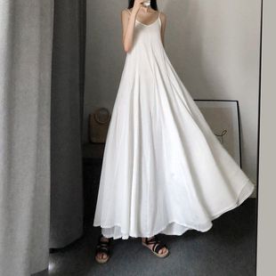 2023白色吊带裙女夏长款超仙到脚踝长裙a字大摆裙内搭打底连衣裙