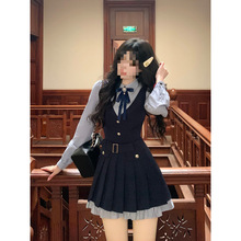 洛斯学院 日系甜美jk制服假两件百褶连衣裙西装外套学院风套装春