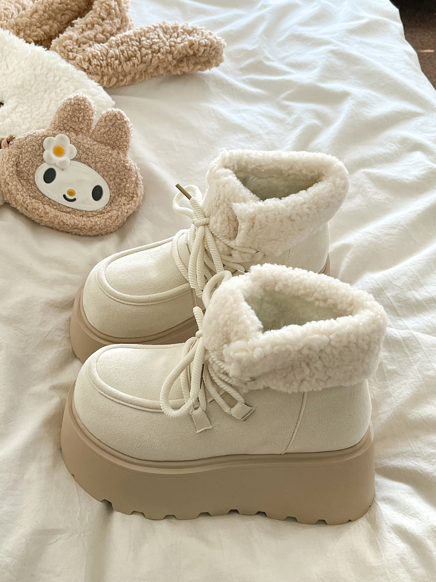 覆古厚底增高短筒雪地靴女2025新款秋冬小个子加绒毛毛大棉鞋