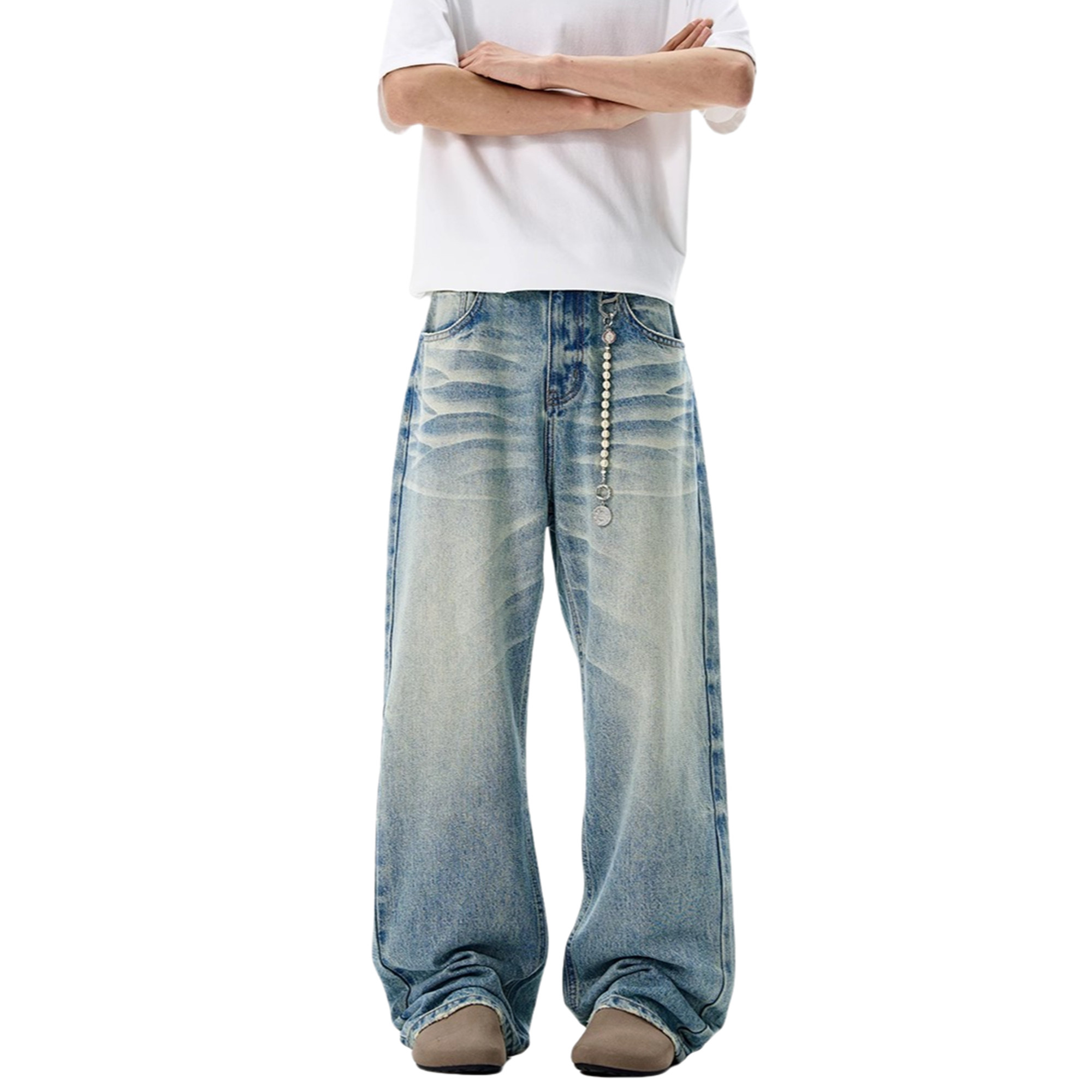 RASP水洗3D猫须做旧牛仔裤复古美式街头风春秋直筒阔腿休闲长裤子