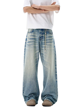 RASP水洗3D猫须做旧牛仔裤复古美式街头风春秋直筒阔腿休闲长裤子