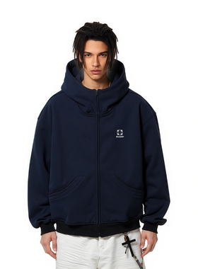 RASP美式重磅双拉链刺绣连帽开衫卫衣防风男女情侣装高领运动上衣