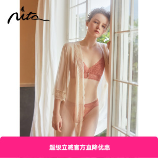 蕾丝七分袖 Nita妮塔浪漫性感真丝睡袍法式 宽松丝绸外披家居服晨袍