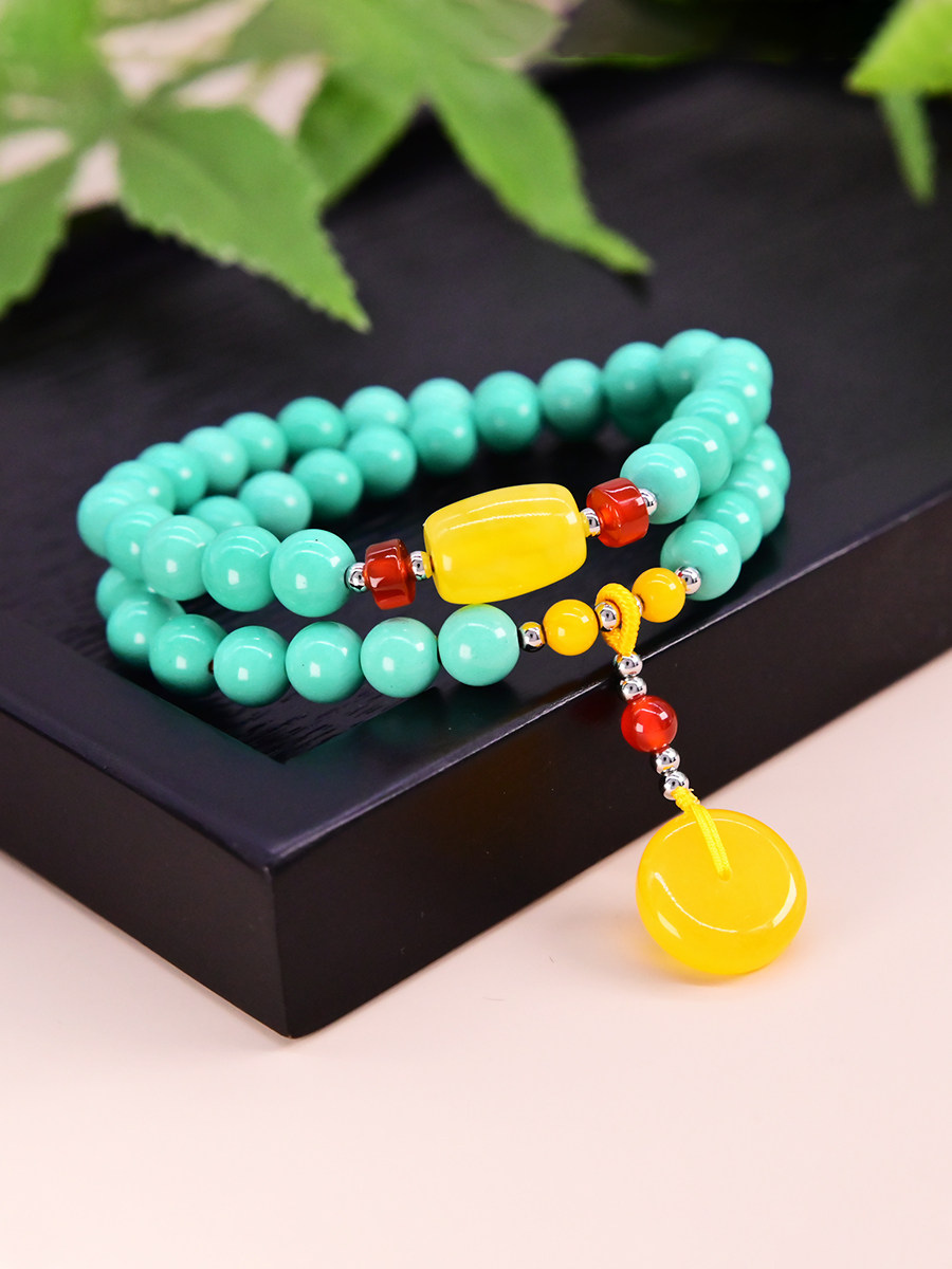 몽골어 청록색 멀티 원형 팔찌 민족 스타일 팔찌 밀랍 평화 버클 펜던트 복고풍 우아한 손 보석