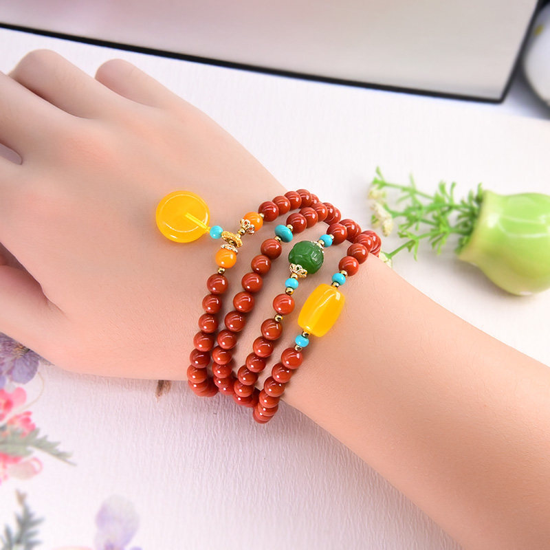 자연 남쪽 붉은 마노 팔찌 108 묵주 비즈 멀티 원형 팔찌 안전 버클 밀랍 감 붉은 목걸이 핸드 액세서리