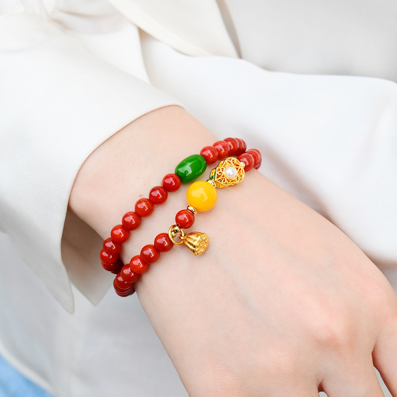 자연 남쪽 붉은 마노 팔찌 치킨 지방 노란색 밀랍 멀티 링 팔찌 민족 스타일 성격 기질 다목적 여성 핸드 액세서리