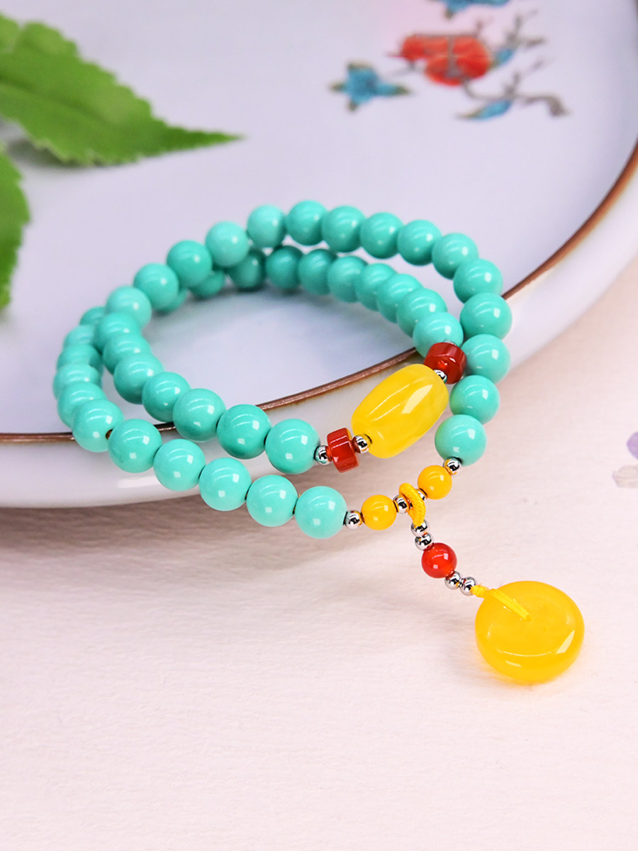 몽골어 청록색 멀티 원형 팔찌 민족 스타일 팔찌 밀랍 평화 버클 펜던트 복고풍 우아한 손 보석