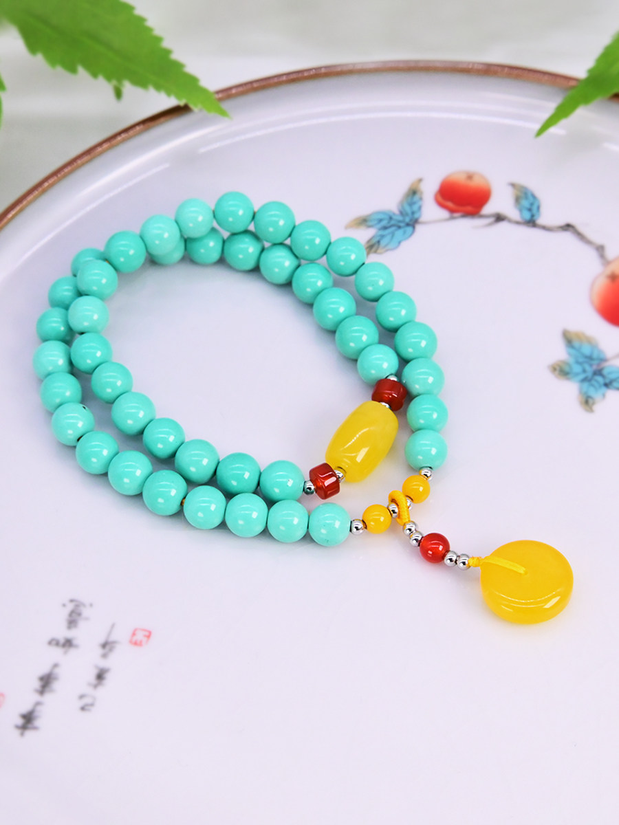 몽골어 청록색 멀티 원형 팔찌 민족 스타일 팔찌 밀랍 평화 버클 펜던트 복고풍 우아한 손 보석