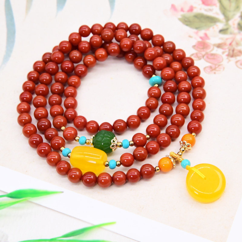 자연 남쪽 붉은 마노 팔찌 108 묵주 비즈 멀티 원형 팔찌 안전 버클 밀랍 감 붉은 목걸이 핸드 액세서리