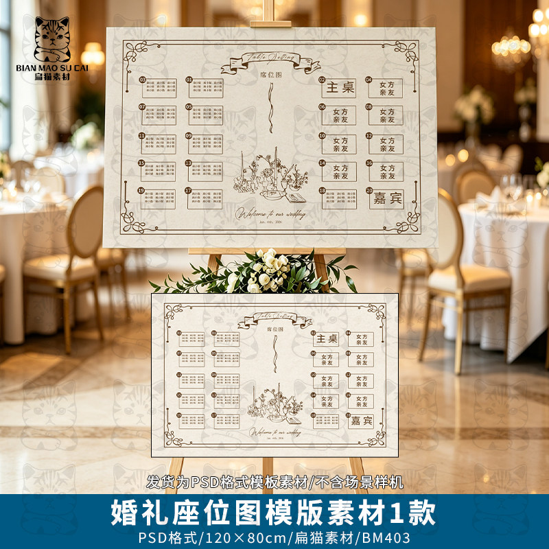 欧式复古婚礼席位图手绘涂鸦座位图指示牌效果图设计PSD模版素材