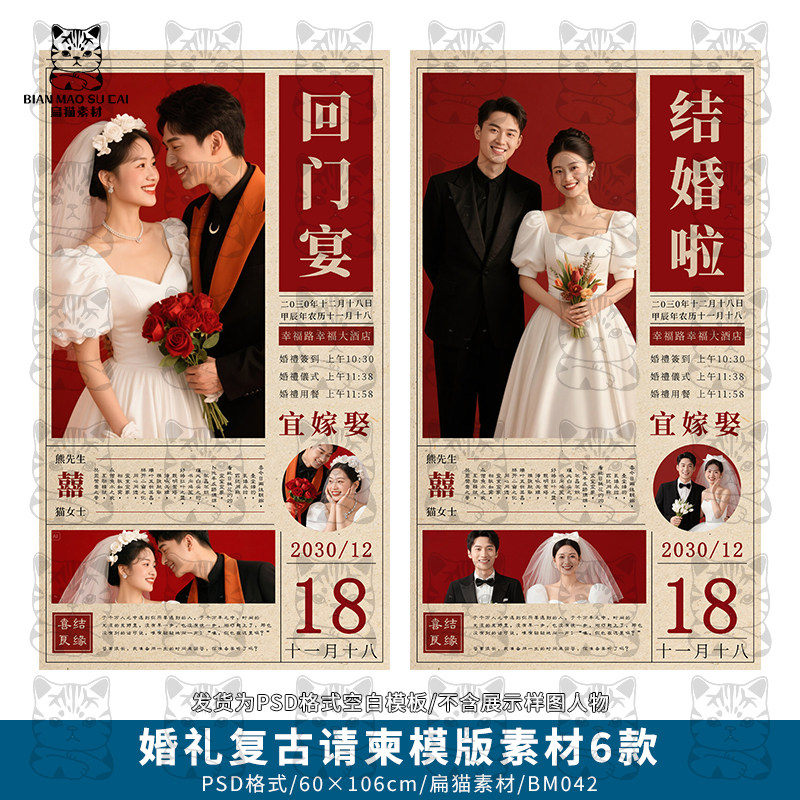 复古结婚礼出阁宴订婚宴答谢宴回门宴邀请函电子请柬PSD模板素材