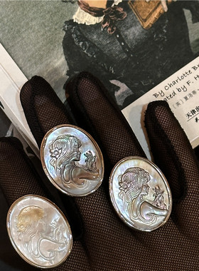 复古黑蝶贝浮雕美人头像开口戒指环