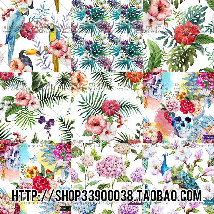 最新 热带花卉植物孔雀羽毛鹦鹉树叶图案EPS矢量高清设计素材