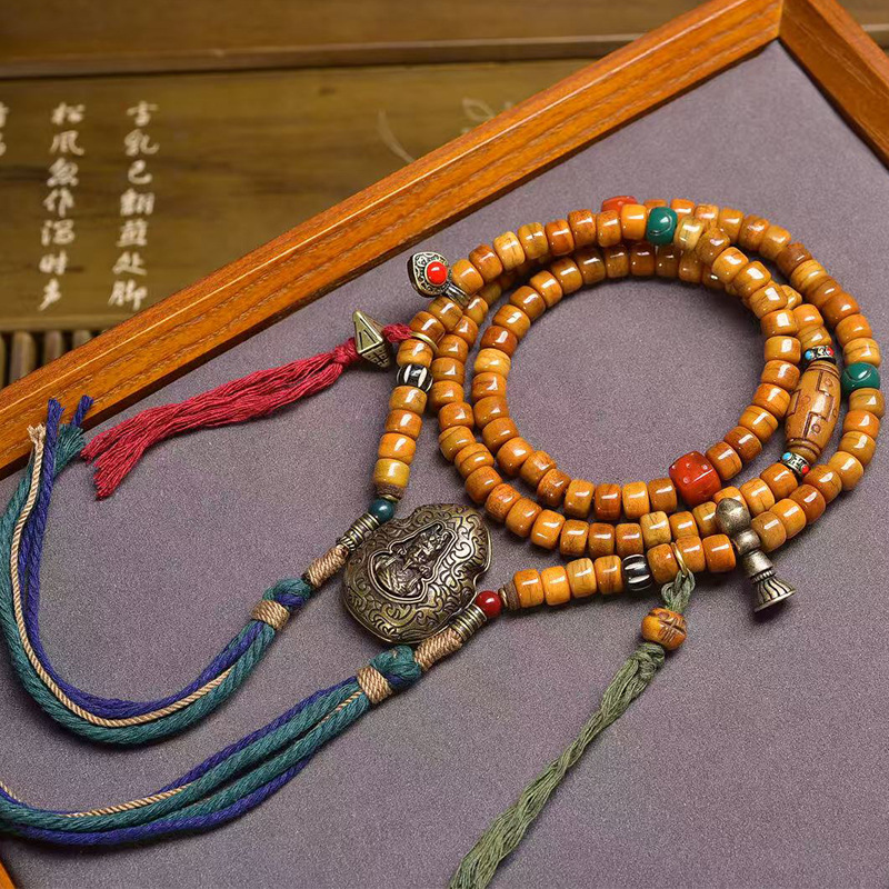 藏传回流牦牛骨桶珠108颗佛珠念珠脖挂文玩扎基拉姆嘎乌盒吊坠
