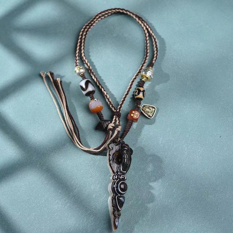 藏族玛瑙天珠金刚杵吊坠挂绳手工编织绳项链藏式降魔杵挂脖毛衣链