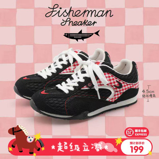 【内增高4.5cm】猫与沙发/渔网鞋黑红格子粗网薄底户外运动休闲鞋