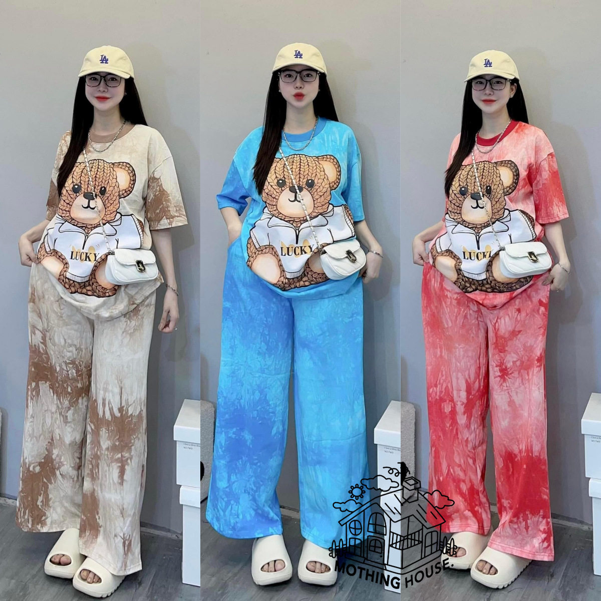 外贸扎染时尚套装女新款宽松小熊印花短袖阔腿裤洋气时髦两件套夏