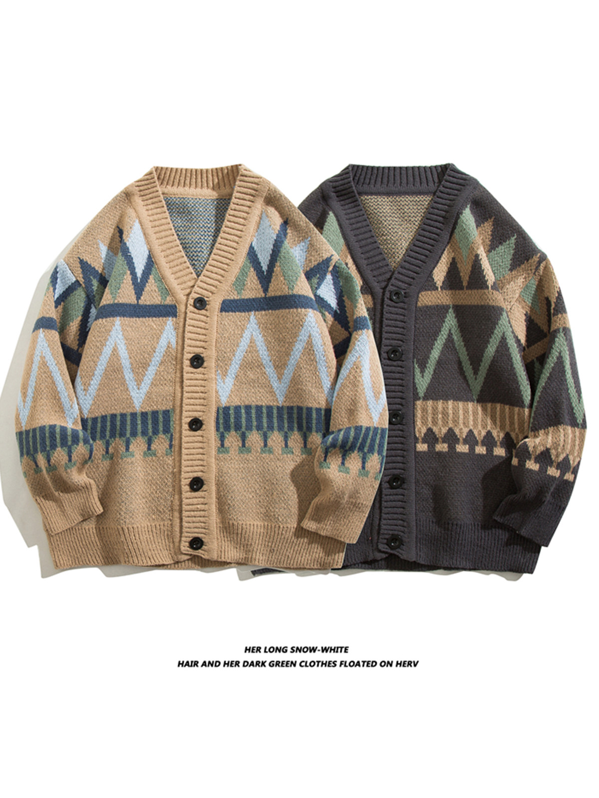 가을 겨울 남성용 일본식 복고풍 자카드 가디건 스웨터 트렌드 루즈하고 다양한 마름모 캐주얼 니트 재킷