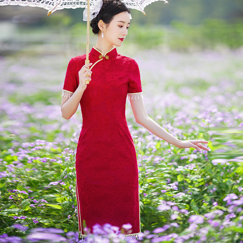 Red evening dress, thin retro lightweight summer cheongsam, 2021 years Red evening dress, thin retro lightweight summer cheongsam, 2021 years