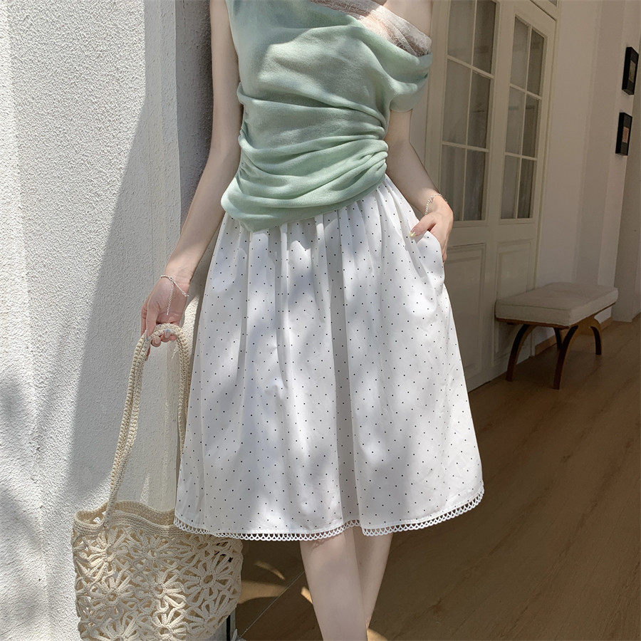 白色a字蓬蓬波点半身裙女夏季小个子梨型宽松五分半裙中裙到膝盖