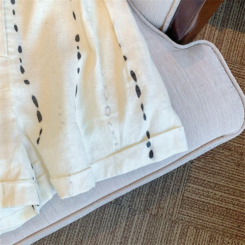 老钱慵懒风条纹印花亚麻休闲短裤男女夏季设计感高腰显瘦阔腿裤子