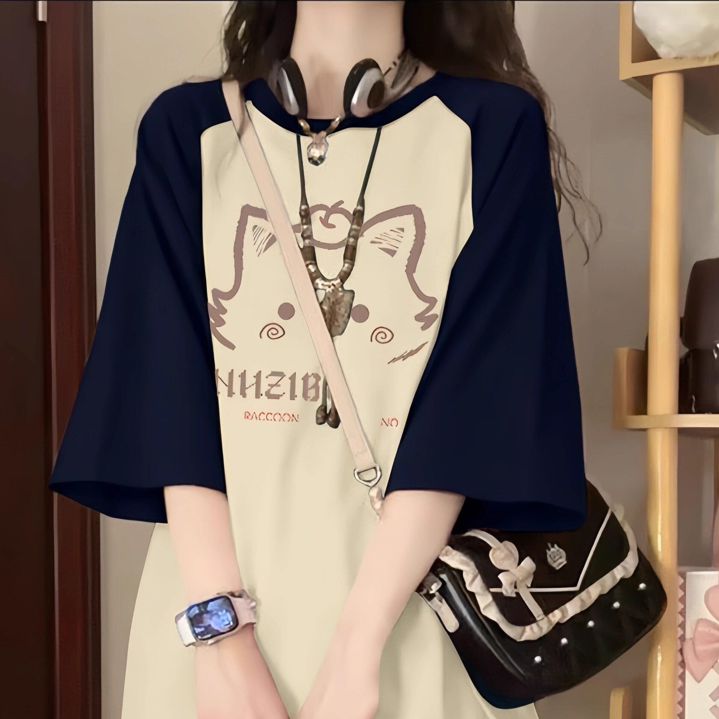 美式复古插肩短袖t恤女大童夏季装2026初中高中学生宽松半袖上衣