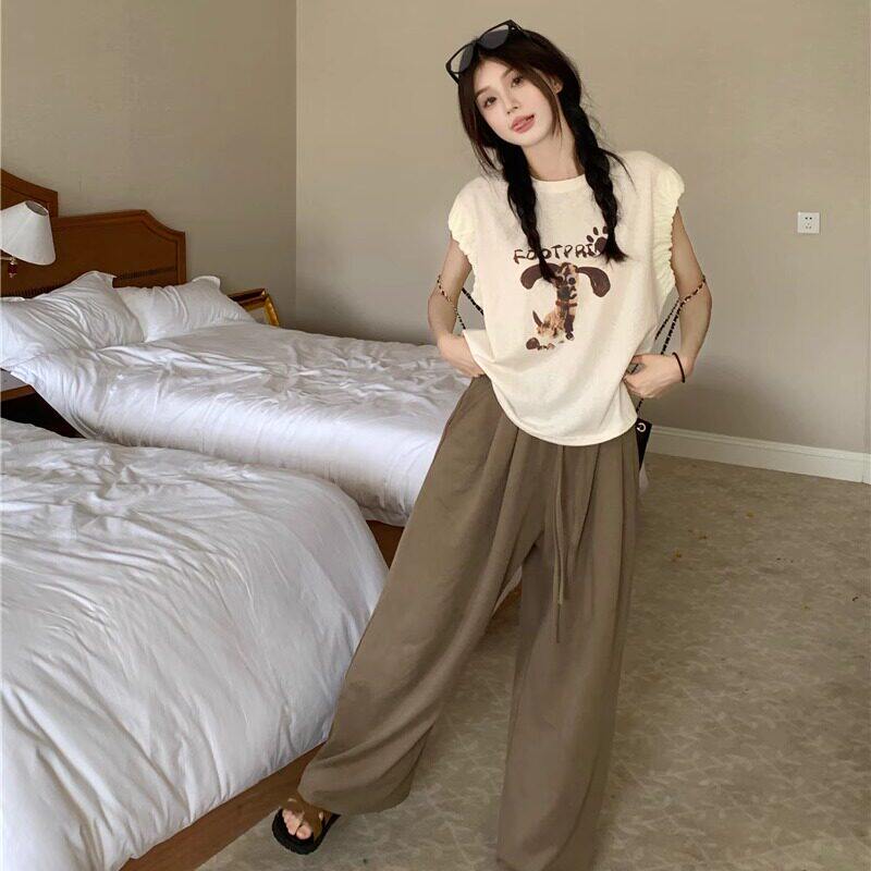 小狗印花无袖背心T恤女夏季2025新款宽松显瘦独特短款小飞袖上衣