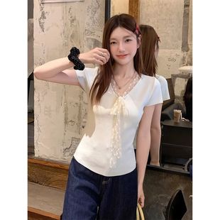 设计感修身 法式 新款 蕾丝花边V领针织短袖 显瘦甜辣妹上衣 t恤女夏季