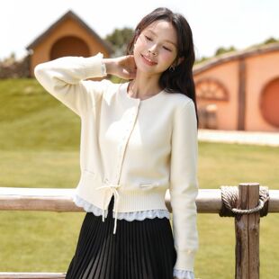 学院风杏色荷叶边针织开衫毛衣女款2025秋冬新款设计感上衣外套女