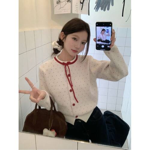 针织开衫女毛衣外套甜美红色波点
