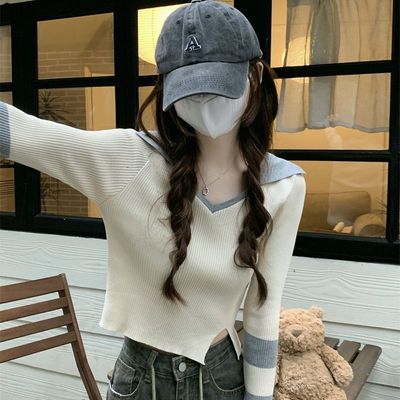 长袖毛衣女修身针织衫polo领撞色