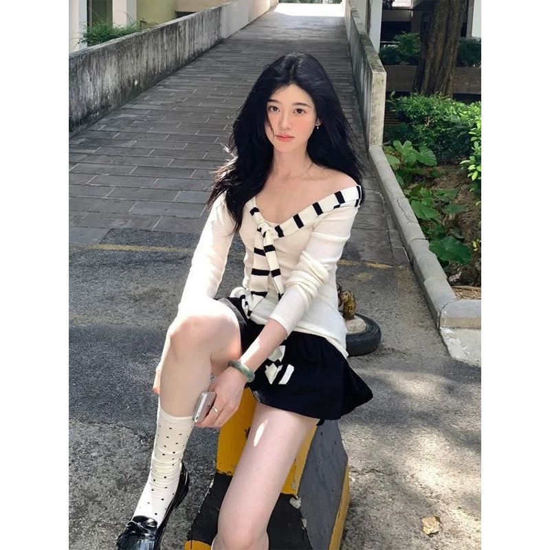 针织衫女露肩毛衣撞色绑带法式秋