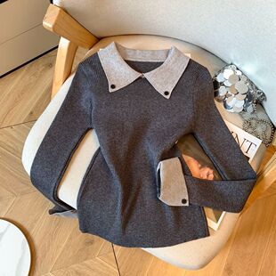 推荐 高级感修身 拼色POLO领长袖 女秋冬新款 内搭上衣 打底衫 自留款
