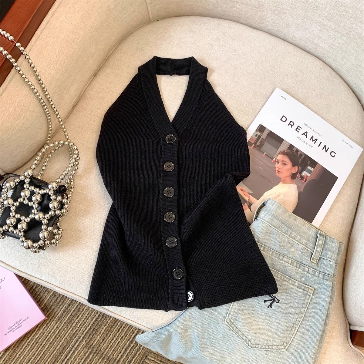 韩系薄款针织挂脖背心v领