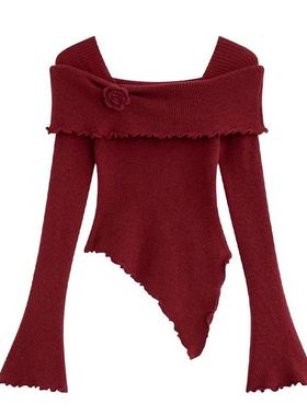 红色木耳边花朵不规则针织衫女秋冬气质一字肩上衣喇叭袖打底毛衣