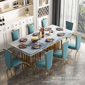 轻奢金色不锈钢大理石餐桌椅组合简约现代港式长方形别墅家用桌子