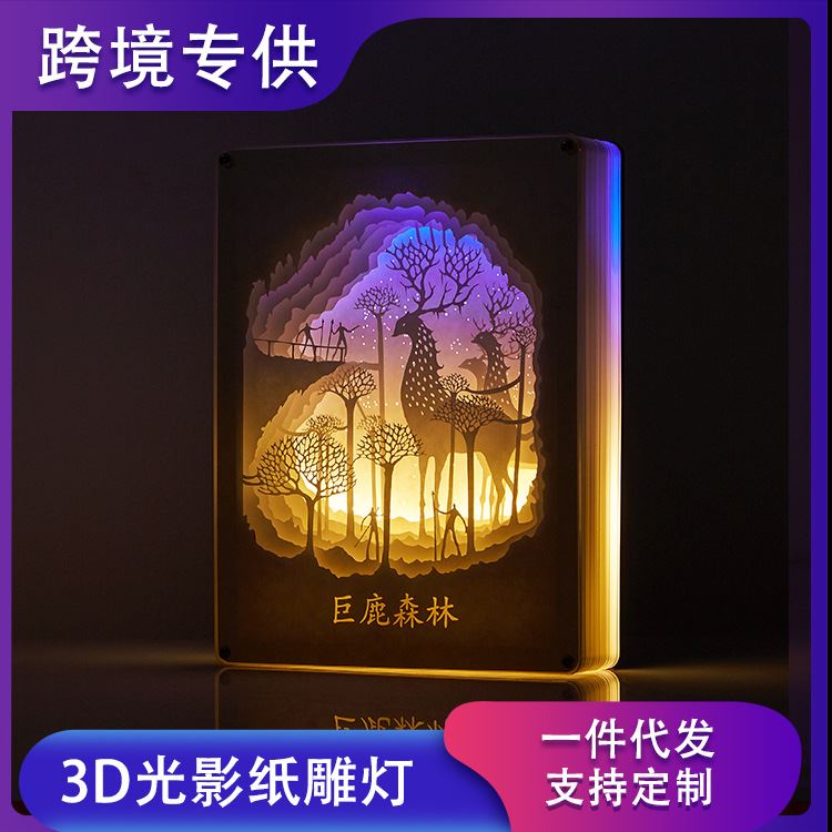 巨鹿森林3d立体光影纸雕灯创意礼品床头护眼纸雕USB浪漫小夜灯