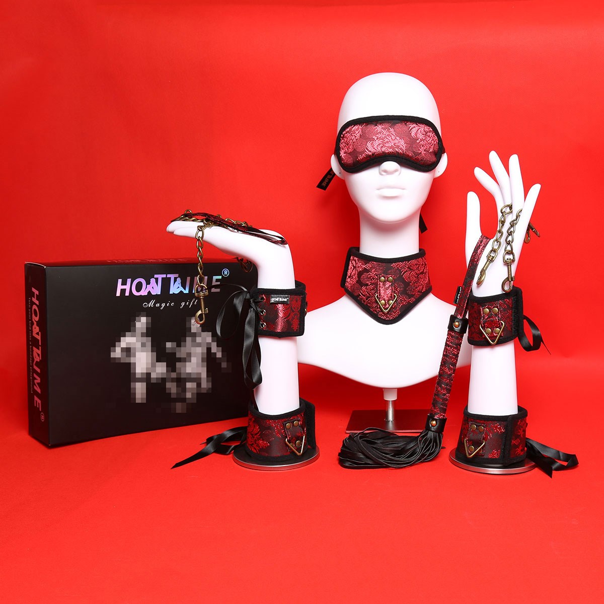 hottime 眼罩手脚铐颈套鞭子酒红枫叶纹捆绑束缚五件套sm情趣用品