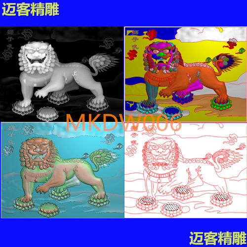 狮子麒麟精雕图新款藏式狮子浮雕灰度图迎门墙壁画狮子2.7x2米