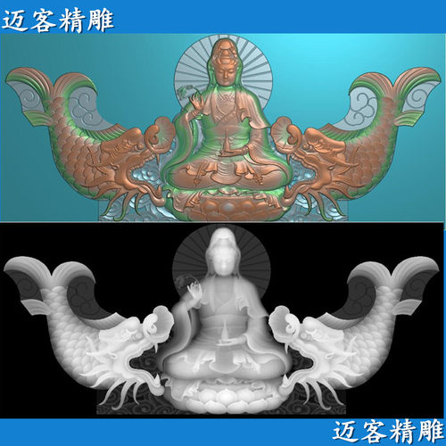 双鱼观音精雕图墓碑帽子浮雕观音獒龙灰度图石雕碑帽