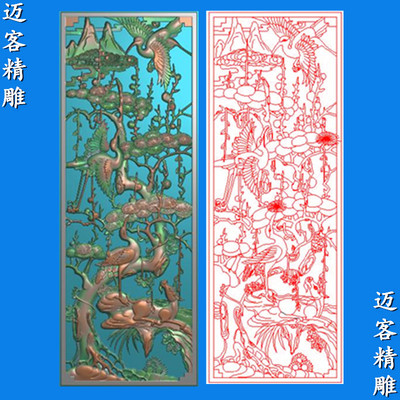 镂空花鸟精雕图竖版松鹤梅兰竹菊玄关镂空浮雕图线雕矢量图木雕