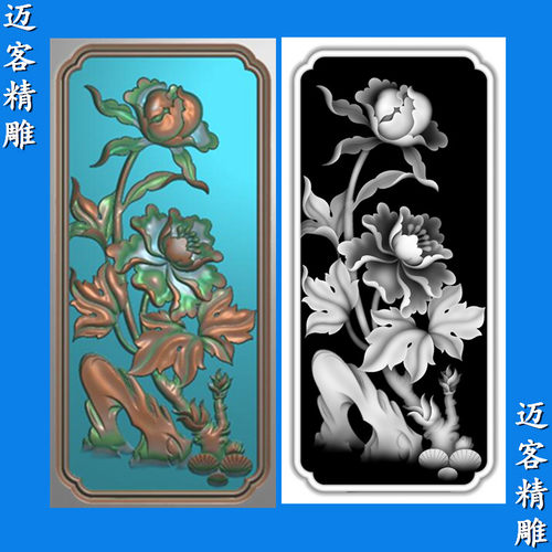 牡丹精雕图竖版浮雕花鸟牡丹灰度图栏板屏风石雕木雕