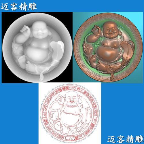 弥勒佛精雕图佛像吊坠浮雕图玉石弥勒圆盘灰度图线雕矢量图笑佛像