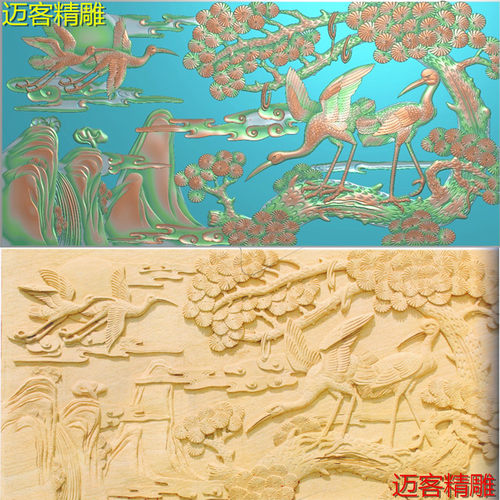 迎客松精雕图松鹤浮雕图线雕矢量图背景墙牌匾广场画木雕石雕