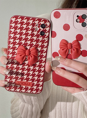 ins酒红色千鸟格蝴蝶结vivos12手机壳12pro软壳s10e女款s9硅胶s7/s6/s5/s1/y70s/y20/y30/y9s/y50y76sy74y71t