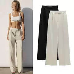 Women's Black Suit Pants for Mopping the Floor, Slimming, High-Waisted, Loose, Drapey, Textured Wide-Leg Pants 08372124800