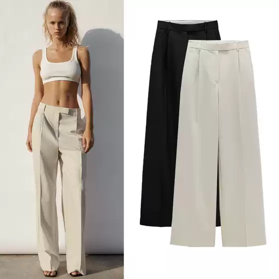 Women's Black Suit Pants for Mopping the Floor, Slimming, High-Waisted, Loose, Drapey, Textured Wide-Leg Pants 08372124800