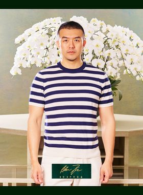 丝羊绒羊毛海魂衫短袖男内搭圆领T恤套头条纹针织Allen Xie艾伦谢